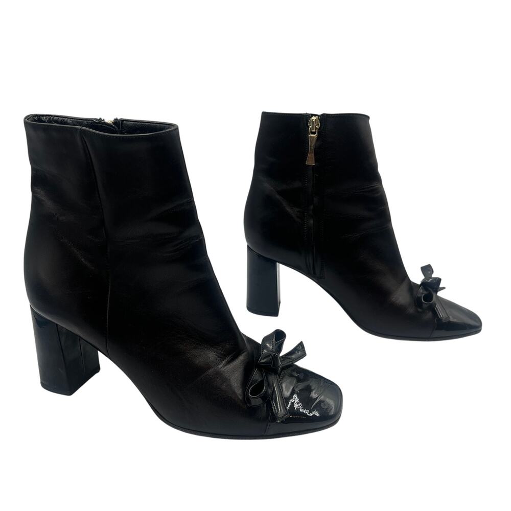 Kate Spade Heeled Ankle Boots Booties Odelia Bow Square Toe Zip Leather Black 7M